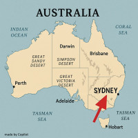 A detailed map of Australia with a bold red arrow pointing to the location of Sydney. The map should